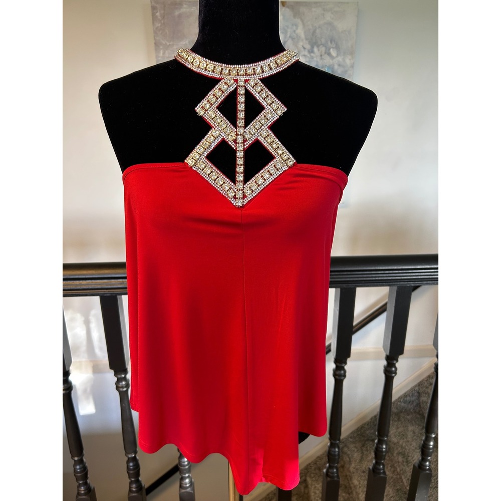 Mmm C'mmm C'mmm Red Rhinestone Halter Neck Handkerchief Hem Top Medium